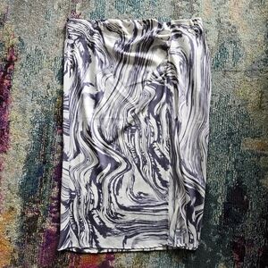 A New Day Marble Midi Skirt With Ruche & Slit in White & Blue Gray